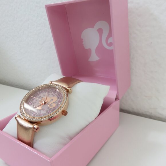 (133) Barbie Bling Watch Rose gold and Pink Leather Band NIB main image 4